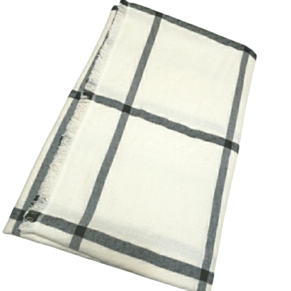 Ann Taylor Women's Large Cream & Black Plaid Cotton Scarf 34 x 72